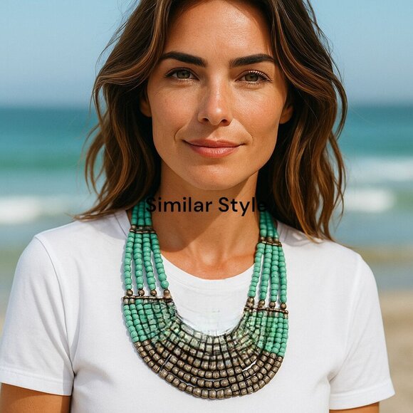 Tanjore India Beaded Bib Style Necklace Stunning Turquoise GREEN & Metal Beading - Picture 7 of 7